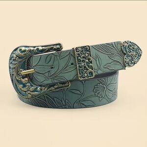 Vintage Dark Color Carved Women's Belt with Leaf Print